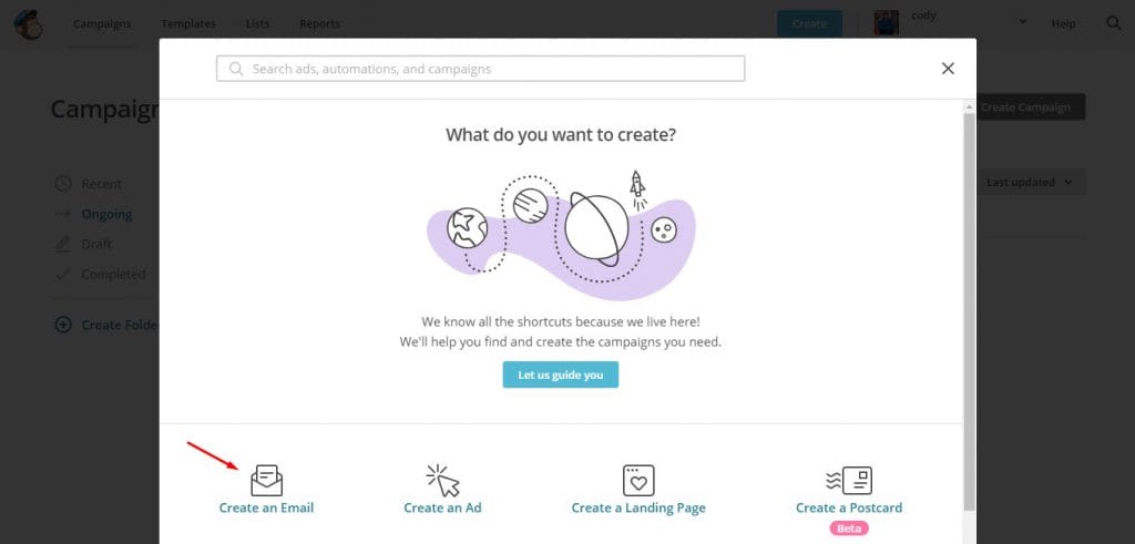 a screen that says what do you want to create