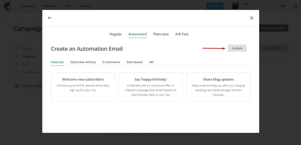 a screenshot of the Mailchimp create an automation email page