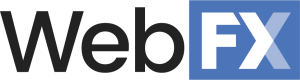 en blå och vit WebFX-logotyp på vit bakgrund