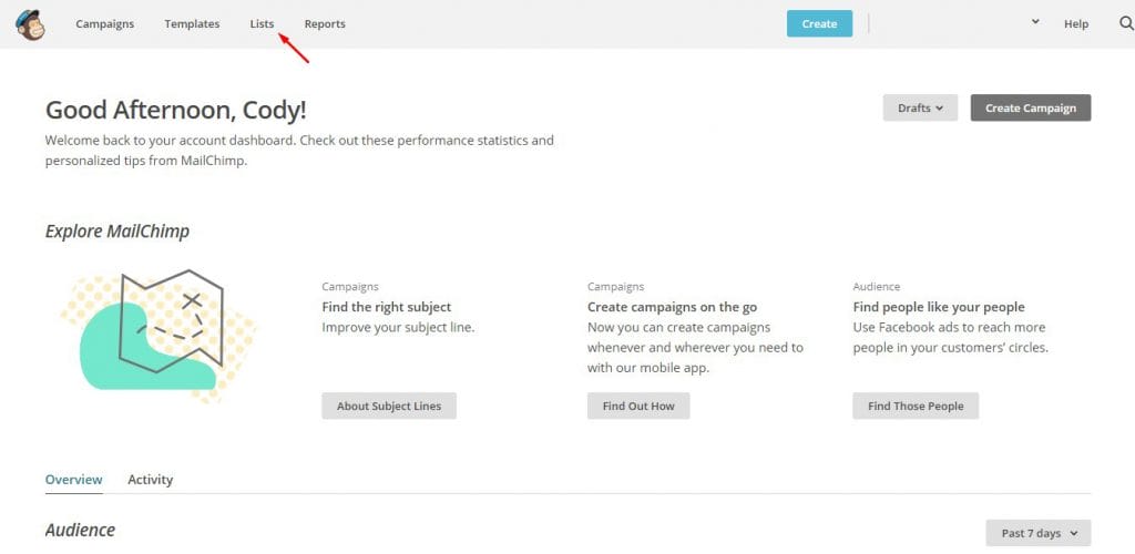 a screenshot of the Mailchimp website showing the dashboard