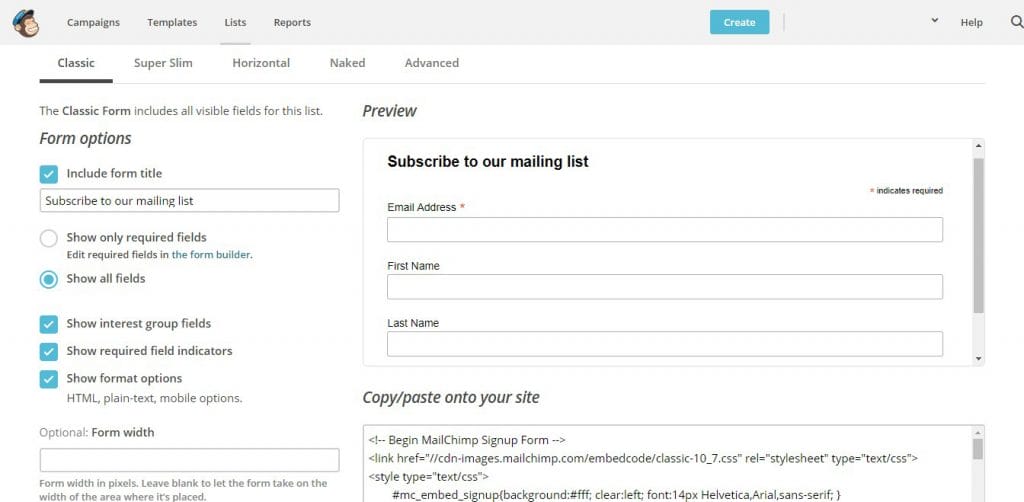 a screenshot of the Mailchimp form options page