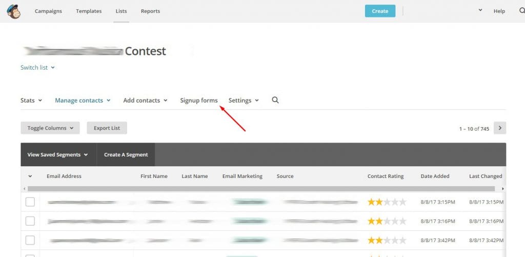 a screenshot of a contest page with a red arrow pointing to a tab called signup forms