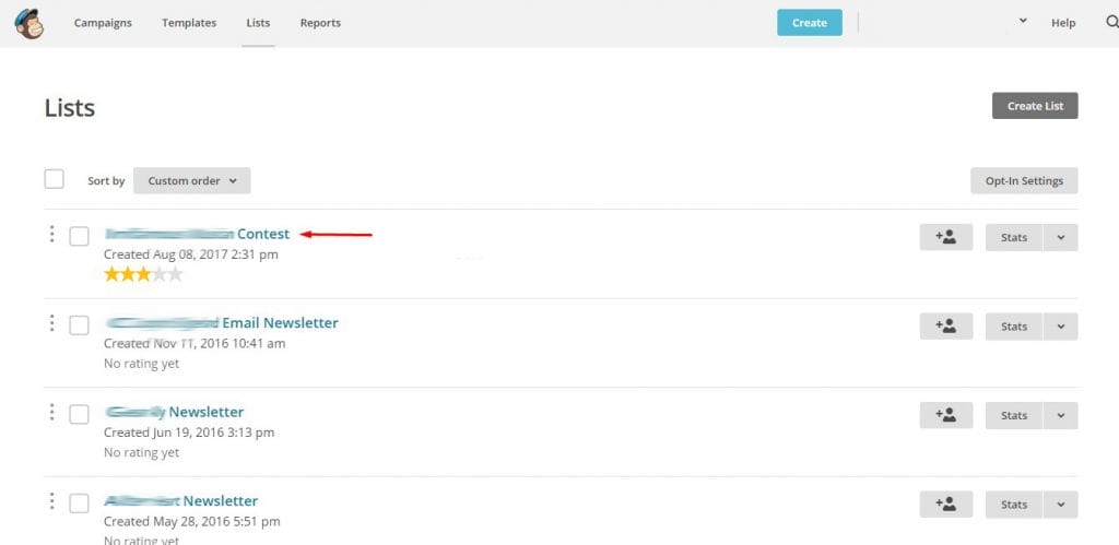 a screenshot of the lists page of Mailchimp