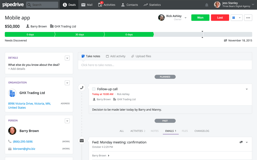 a screenshot of a Pipedrive deal
