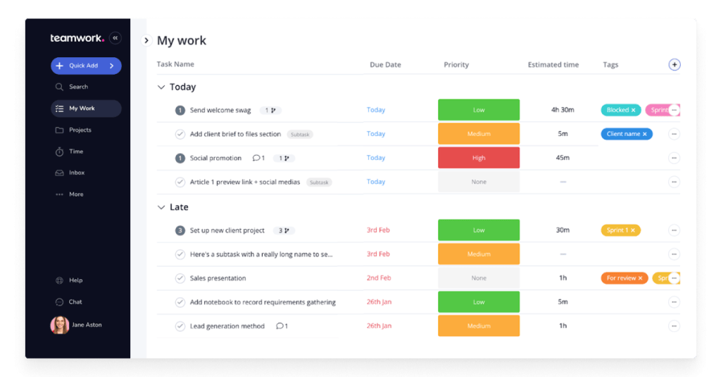 a screenshot of the teamwork app showing a list of tasks
