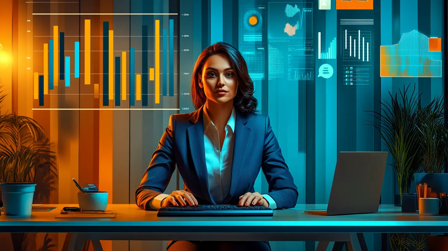 a person in a business suit is sitting down in front of a table using a mouse and a keyboard surrounded by CRM graphs and symbols