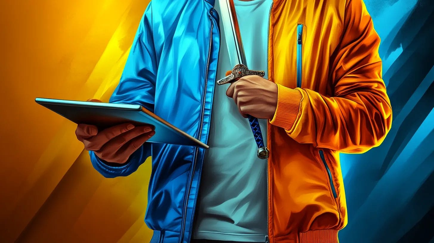 A person holding a tablet on one hand and a sword on the other hand