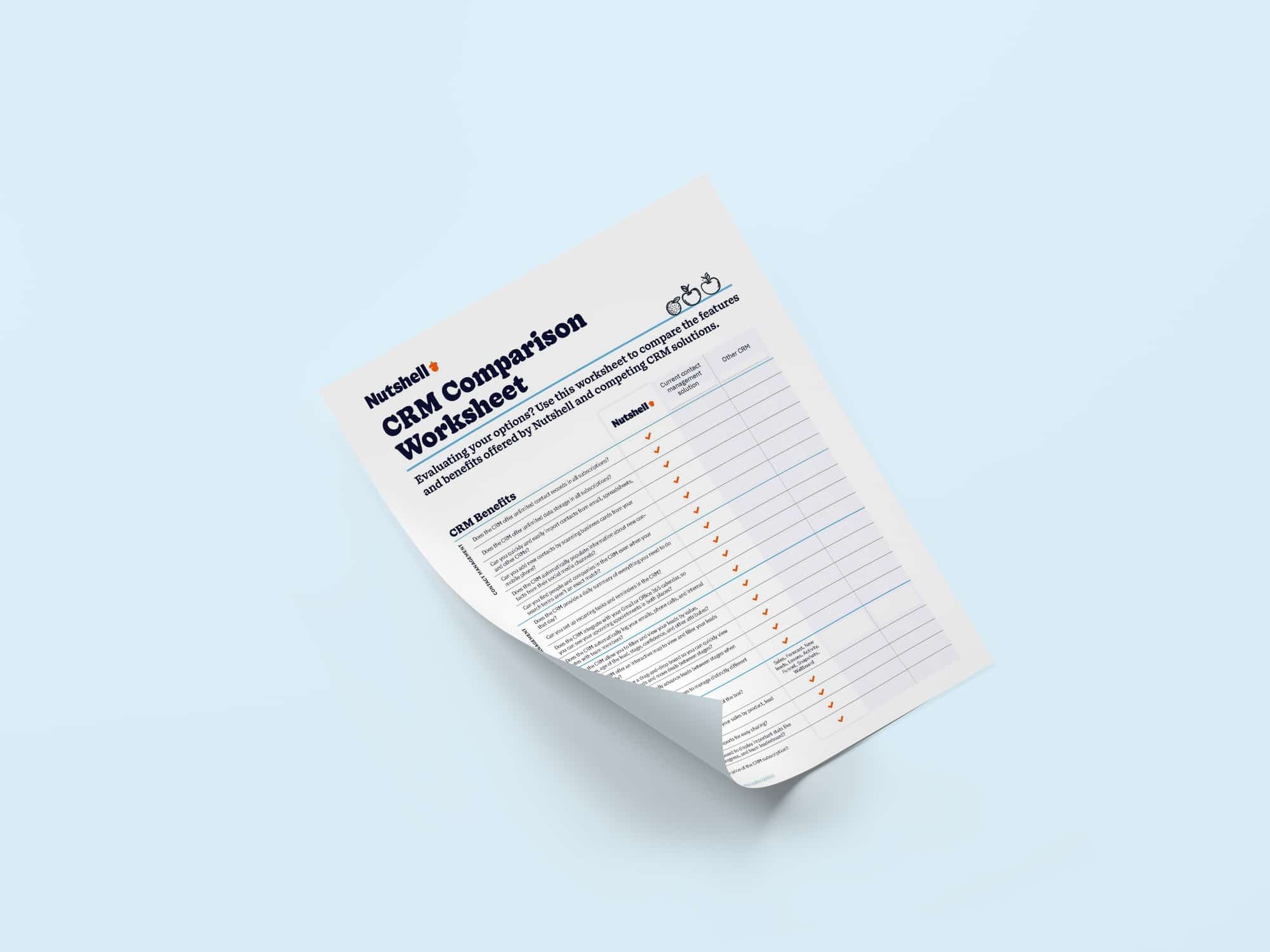 paperiarkki, jossa lukee "CRM comparison worksheet".