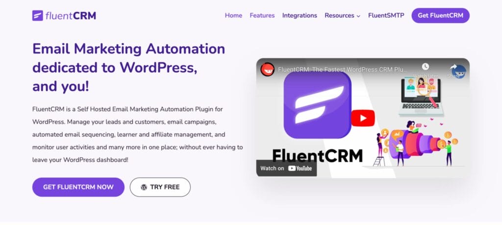 FluentCRM WordPress CRM plugin home page UI