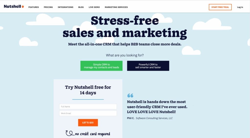 Nutshell WordPress CRM plugin home page interface with 14-day free trial