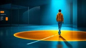 a person is walking on the line of a big circle on the floor