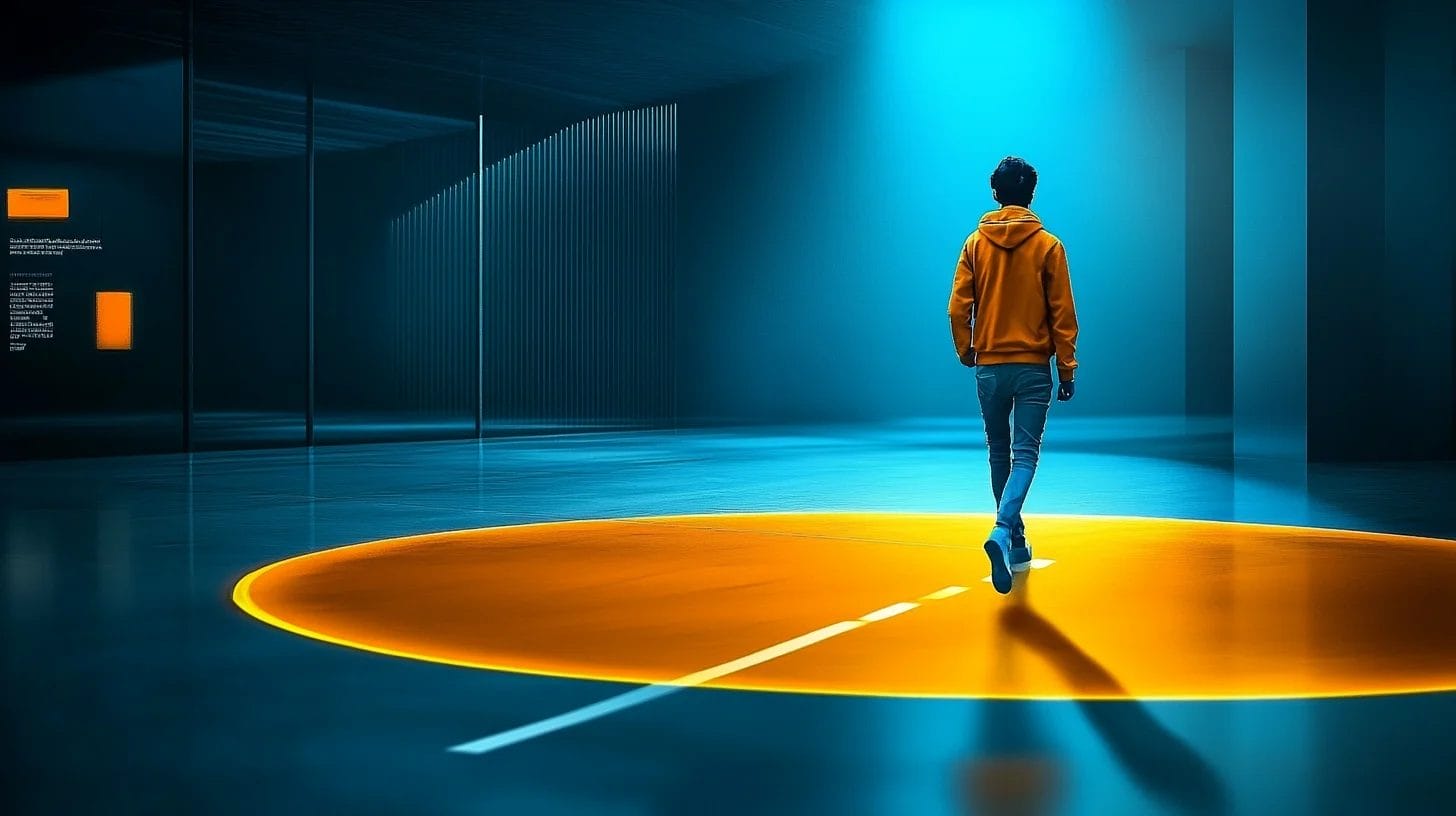 a person is walking on the line of a big circle on the floor