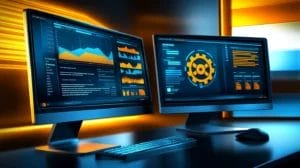 two monitor screens with graphs on the left and a big gear icon on the right