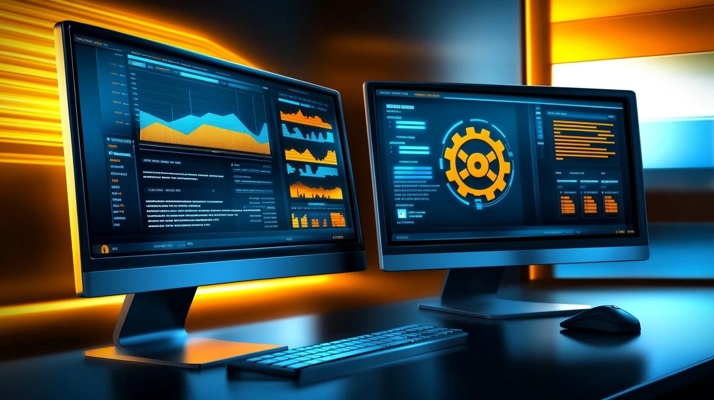 two monitor screens with graphs on the left and a big gear icon on the right