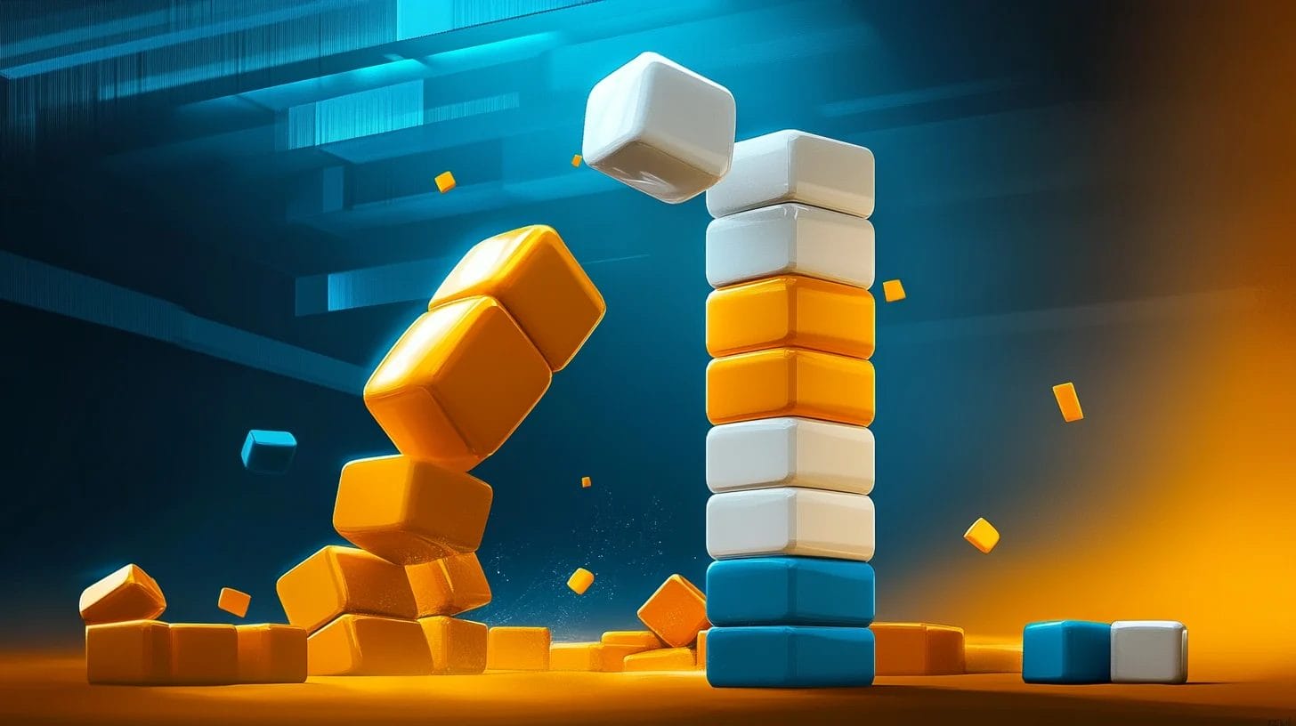 two stacks of blocks with one falling down