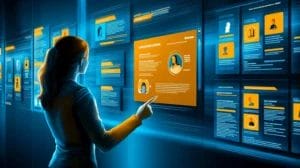 a lady is standing and pointing at a customer profile on the wall with other profiles on the other parts of the wall