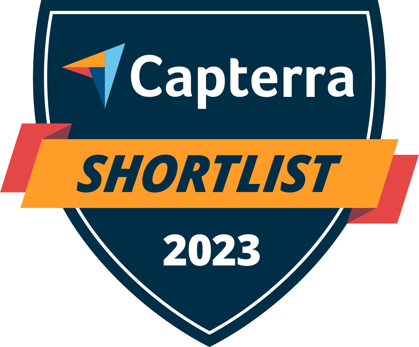 a blue and orange badge for the Capterra Shortlist 2023