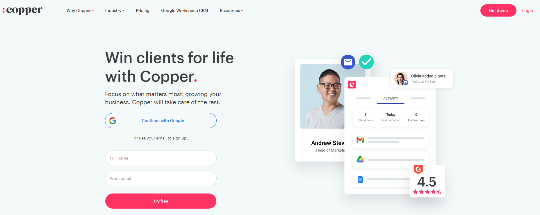 a Copper website says win clients for life with Copper