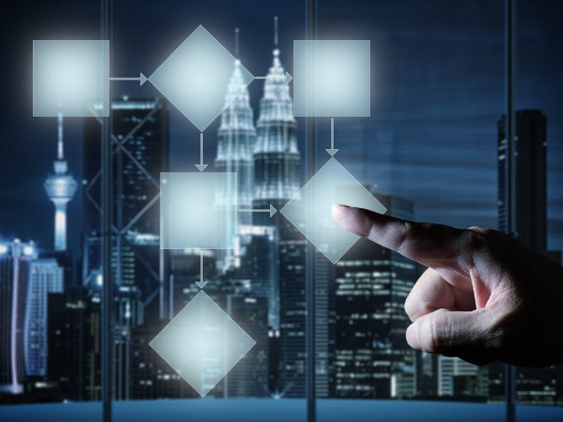 a hand pressing a button on a screen with a city in the background