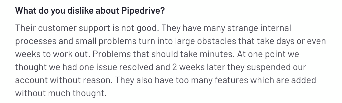 een negatieve beoordeling voor pipedrive