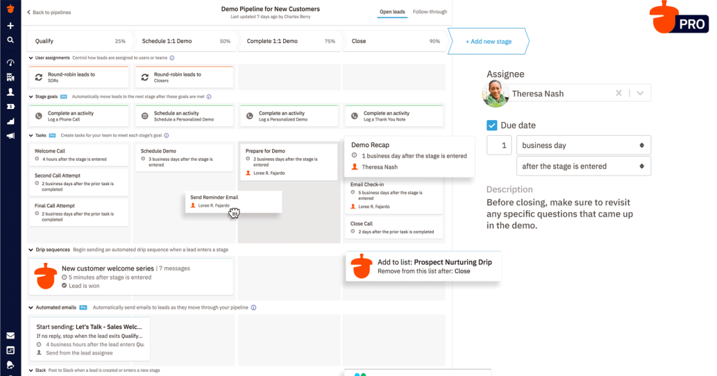 a screenshot of a demo pipeline for new customers on the Nutshell dashboard