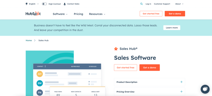 Hubspot sales software page screenshot for sales automation tools article