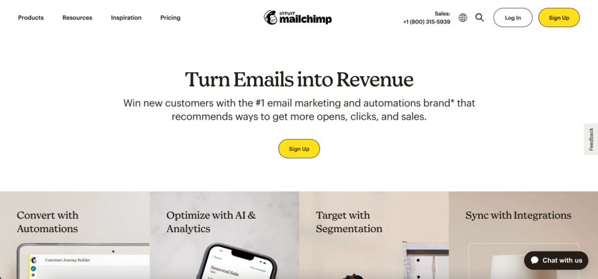 Mailchimp homepage screenshot for sales automation platform article