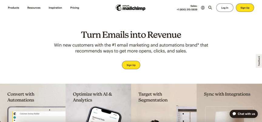 Mailchimp homepage screenshot for sales automation tools article