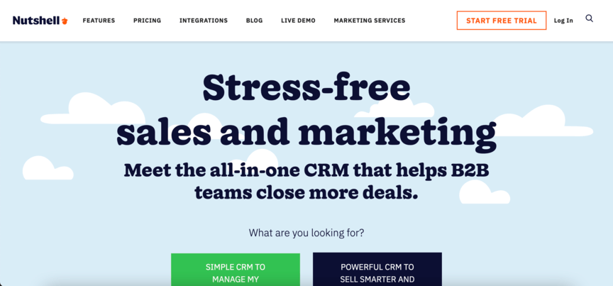 a landing page for Nutshell with the words stress-free sales and marketing