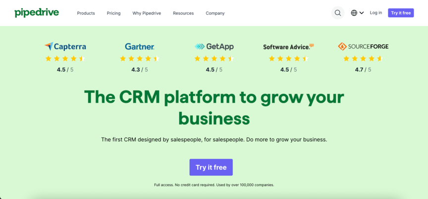 Pipedrive homepage screenshot for sales automation tools article