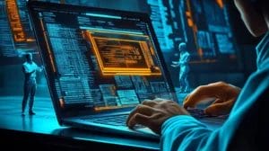 A closeup of a laptop with data shown on the screen guarded by two miniature people in security uniforms while a hacker is approaching the laptop