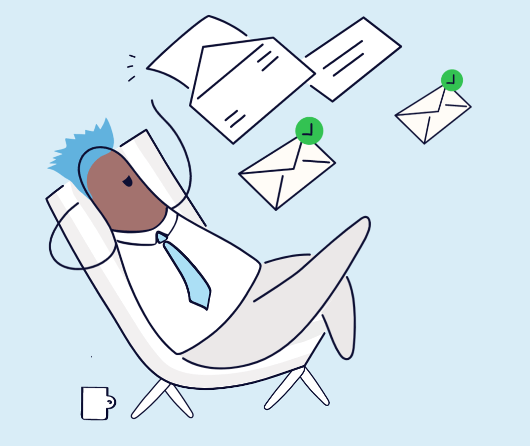 an illustration of a man laying in a chair with envelopes flying around him