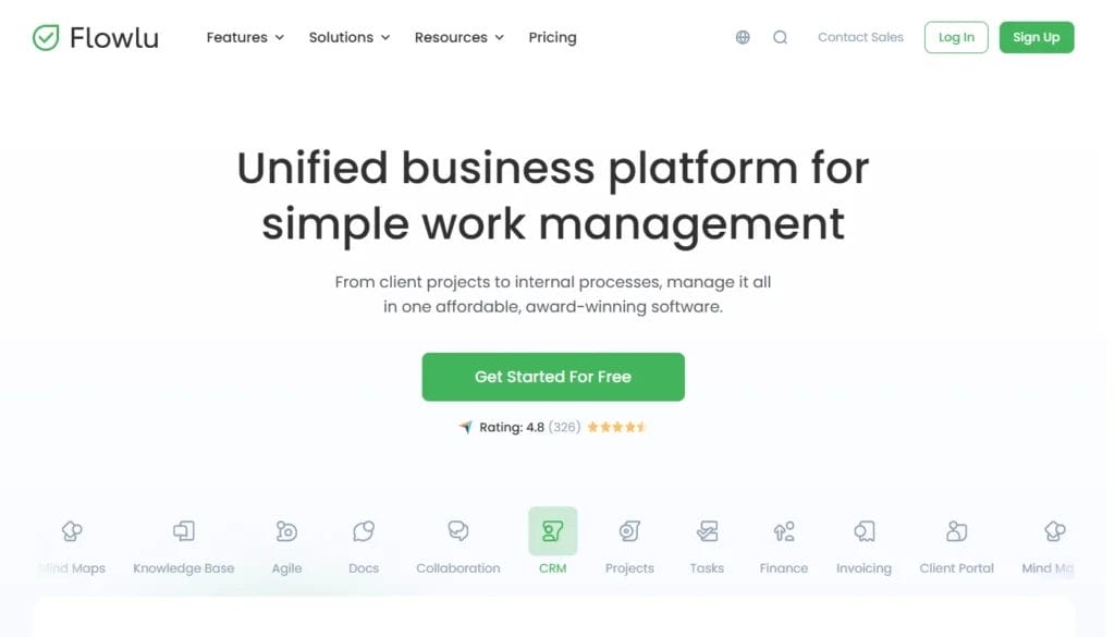 Homepage of Flowlu's website