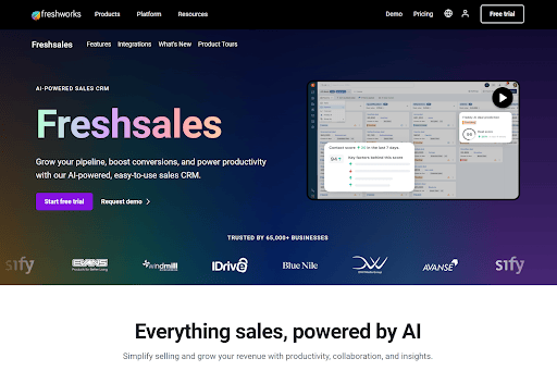 Screenshot of Freshsales software website