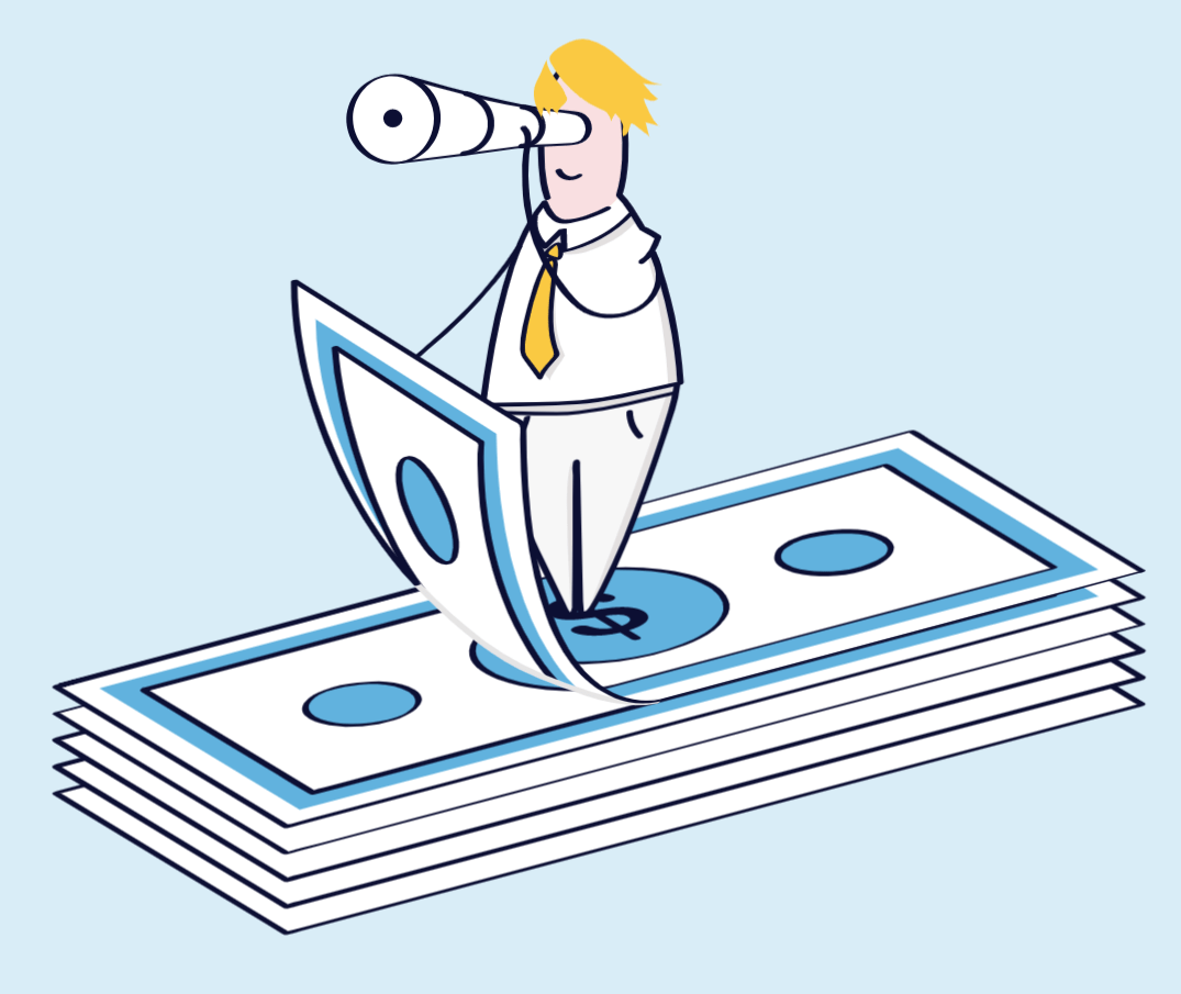 animated graphic of man looking out binoculars standing on a pile of money