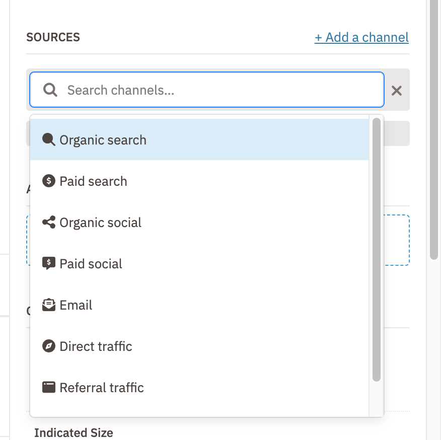 a dropdown box of search filters by source