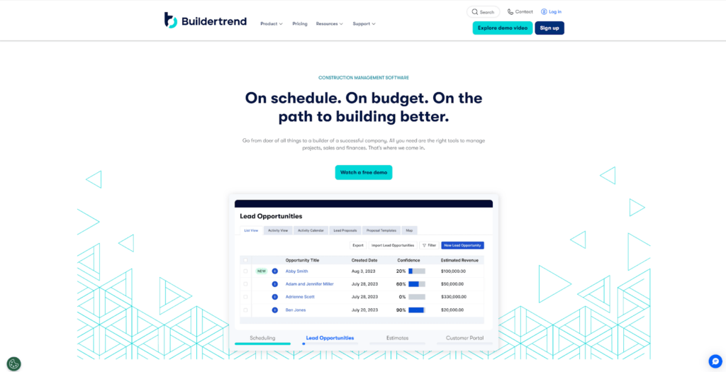 Homepage of Buildertrend construction CRM website