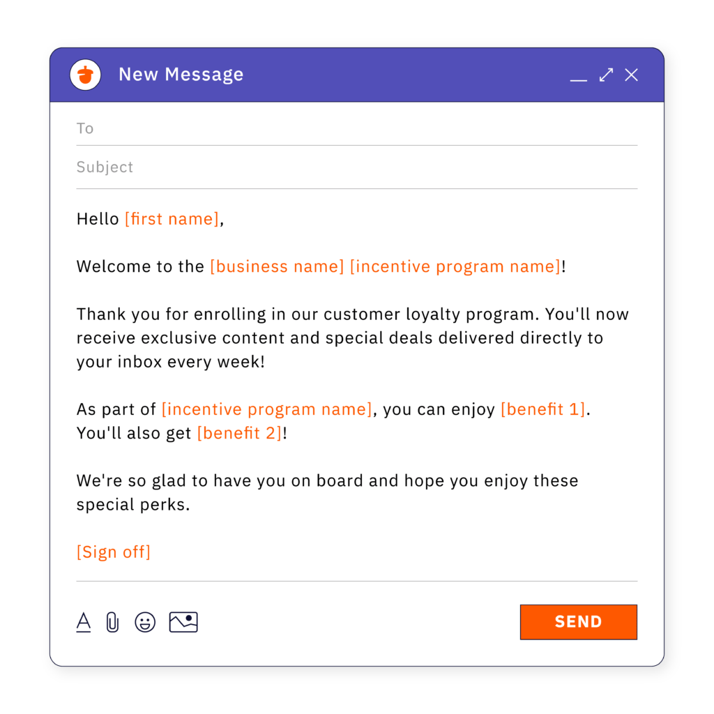 A welcome email template for an incentive program