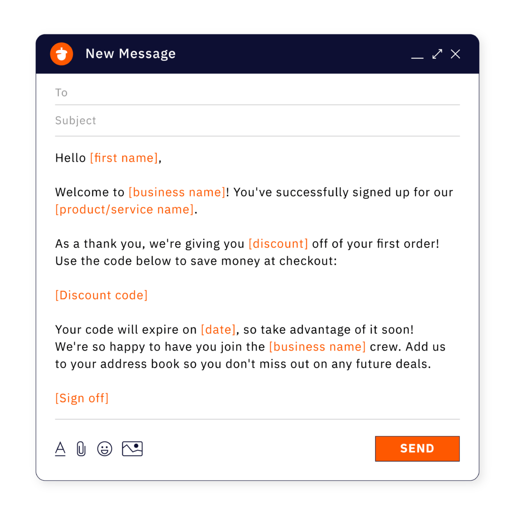 A welcome email template example with a discount code