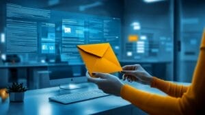 Illustration of a bright orange envelope against a muted blue background