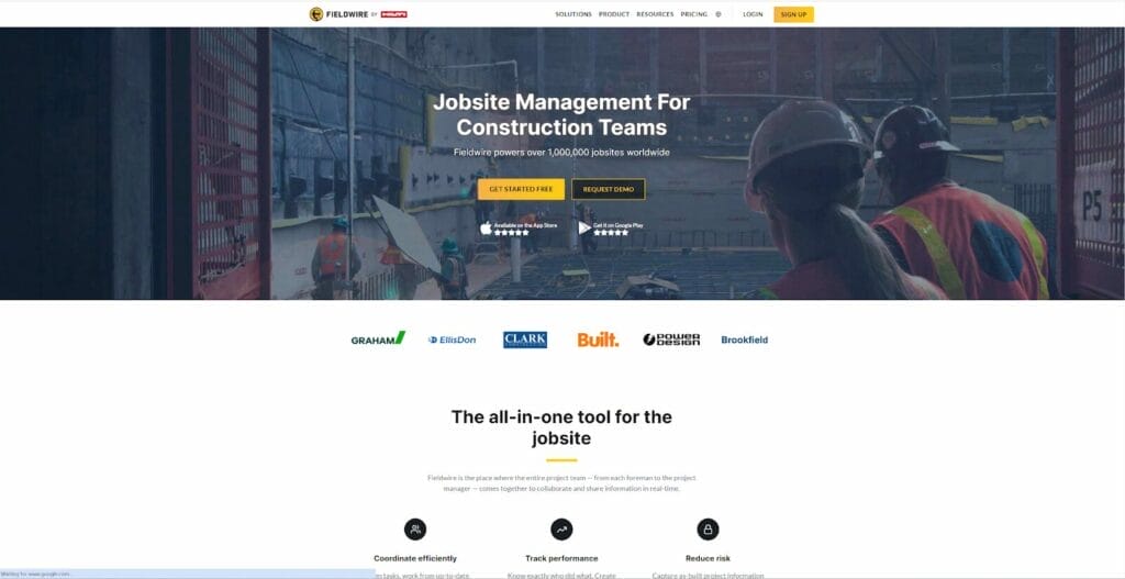 Homepage of Fieldwire construction CRM website