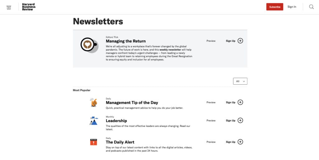 Harvard Business Review newsletter signup page