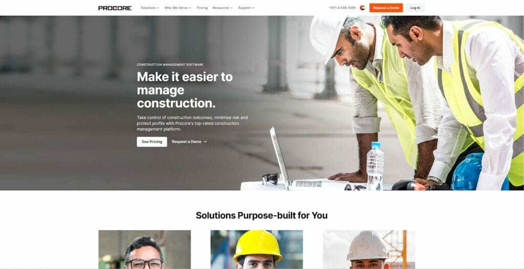 Homepage of Procore construction CRM website