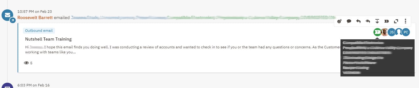a Nutshell activity log shows a message from roosevelt barrett
