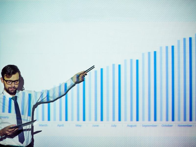a man is giving a presentation with a graph showing a growth from march to November