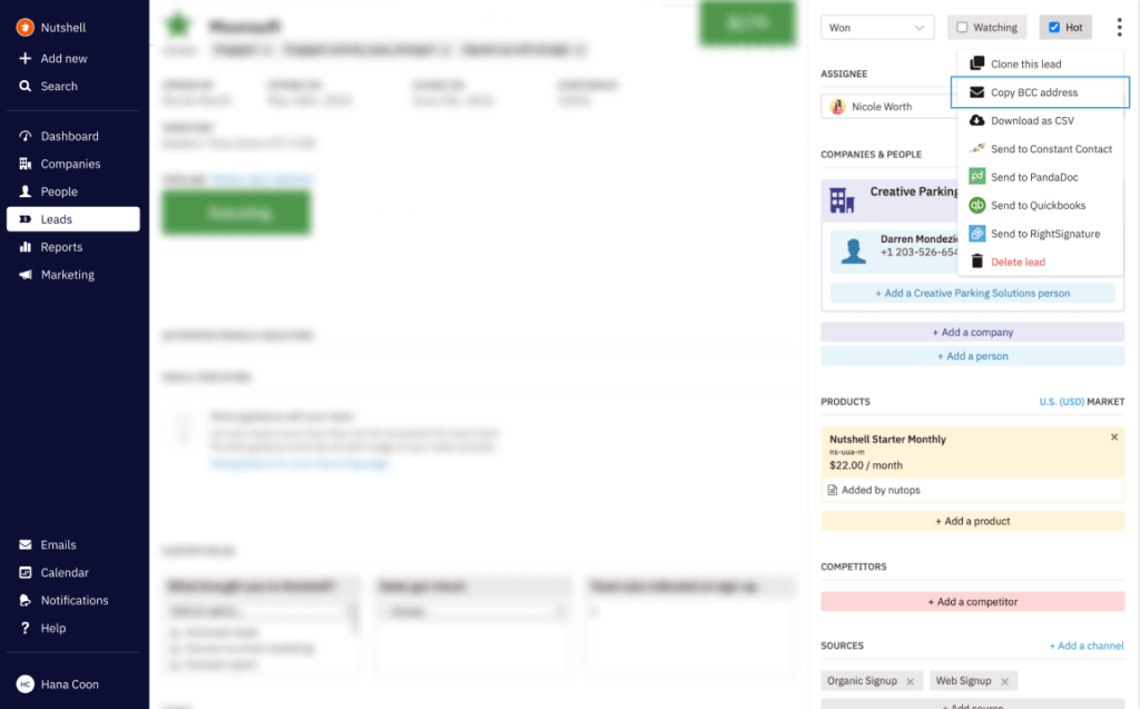 a screenshot of the Nutshell CRM dashboard showing a lead record and integrations dropdown menu
