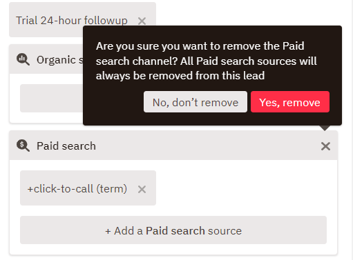 popup message for removing a paid search channel