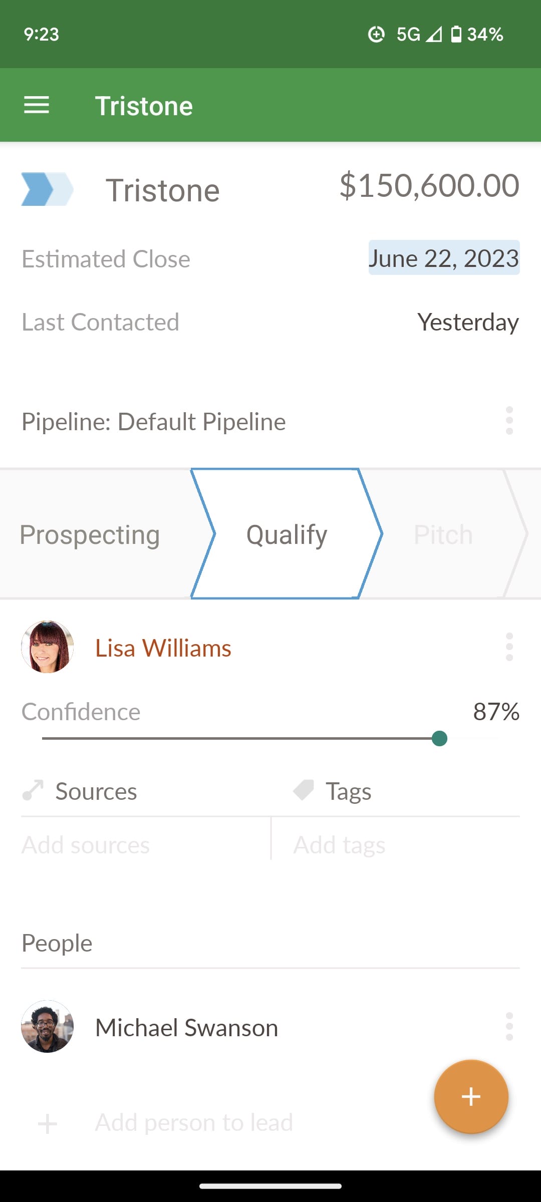 a screenshot of the tristone lead in the Nutshell mobile app