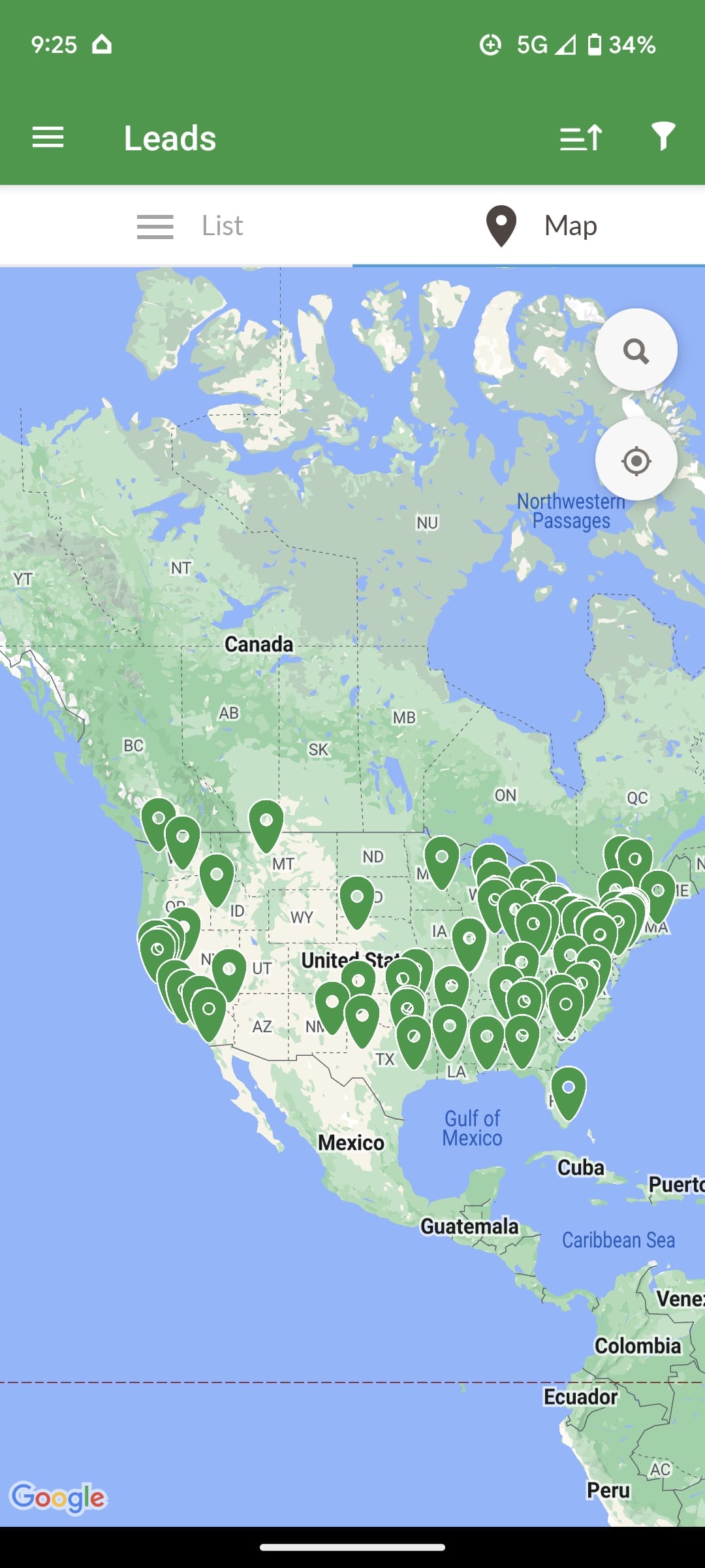 a map of the United States with green circles for leads