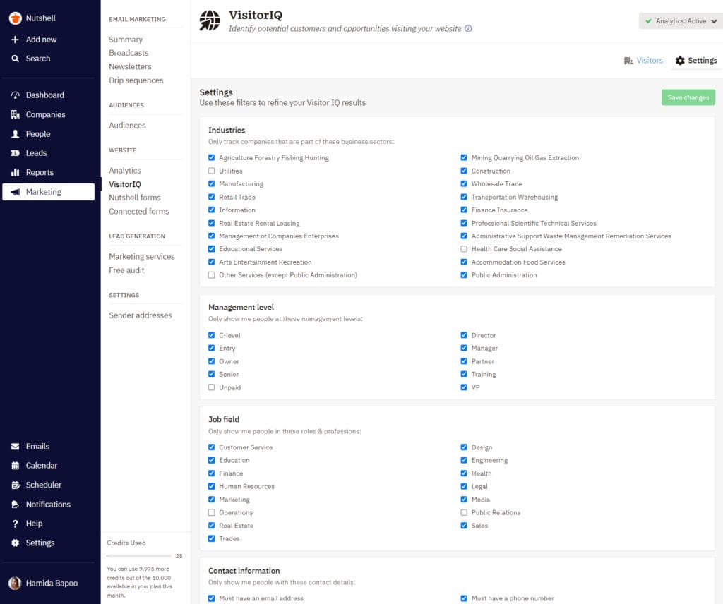 VisitorIQ filter settings page